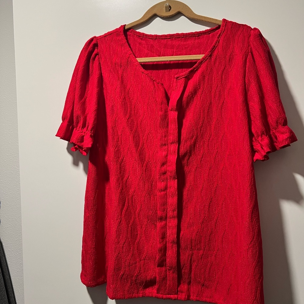 SHEIN VCAY Solid Notched Neck Puff Sleeve Blouse